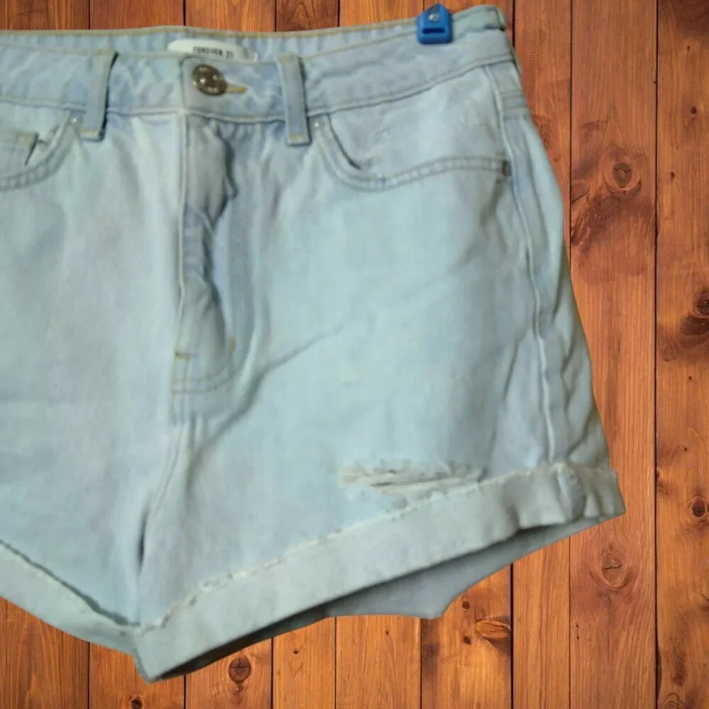 FOREVER 21 Size 25 Distressed Cuffed Light Blue Denim Jean Shorts Casual
